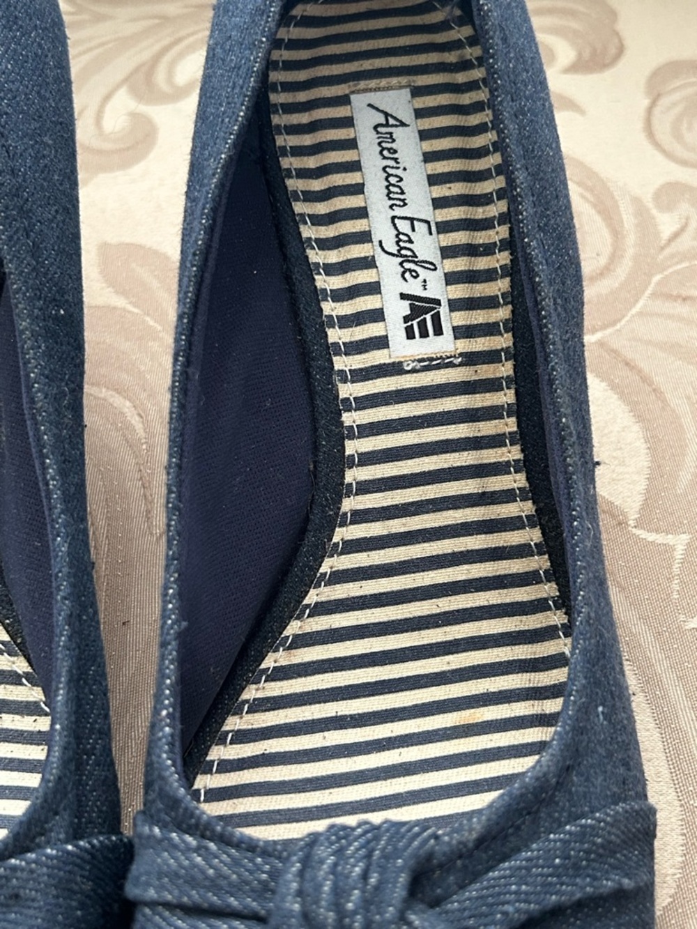 American Eagle Women’s 9.5 Navy Denim Peep-Toe Knot Cork Wedge Heels Shoes - Picture 5 of 10